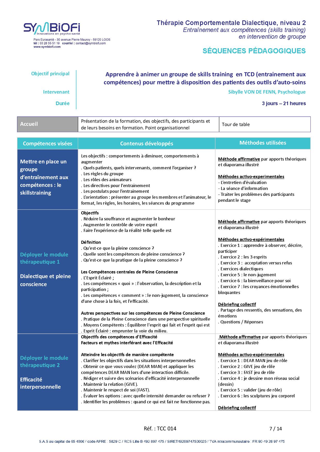 Symbiofi_Formation_TCD_Therapie_SkillsTraining_Page_1 alt="Programme de la formation Thérapie comportementale dialectique (TCD), niveau 2 : entraînement aux compétences (skills training) en intervention de groupe - page 1"